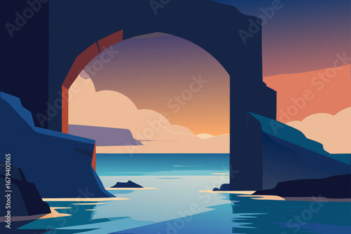Serene coastal landscape with a natural archway framing a tranquil sea and sunset sky
