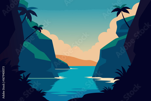 Serene tropical bay framed by dark cliffs and palm trees with calm blue water and soft clouds