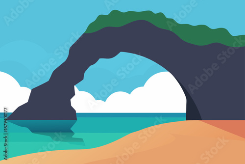 Stylized flat illustration of a natural rock arch formation over a turquoise ocean with a sandy beach and blue sky with clouds