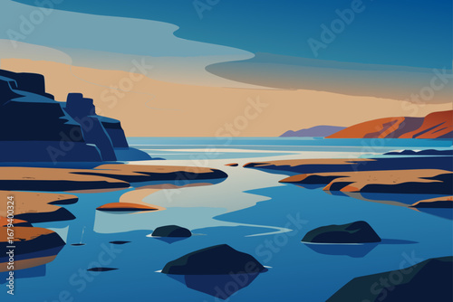 Serene coastal landscape with calm blue water reflecting rocky shores and distant orange hills under a soft sky