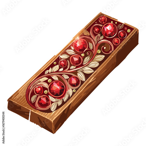 Rectangular wooden plaque adorned with a line of glowing red gems and intricate golden filigree, a fantasy design isolated