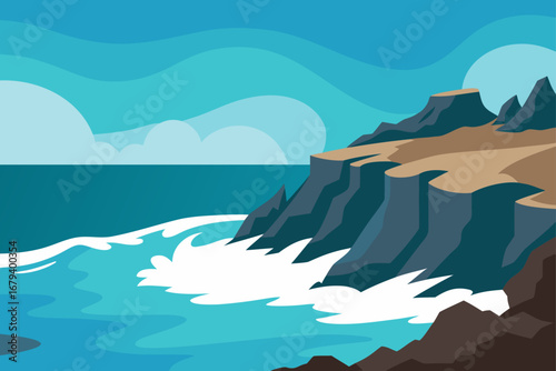 Stylized illustration of a rugged coastline with crashing waves against steep cliffs under a layered blue sky with clouds