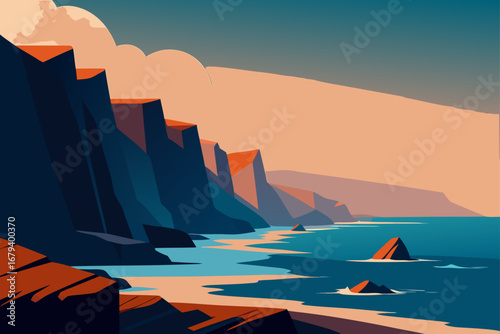 Stylized illustration of a dramatic coastal landscape with jagged cliffs and calm blue water at sunset