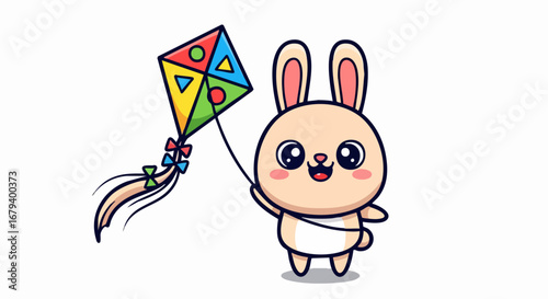 Adorable cartoon bunny happily flying a colorful kite on a bright sunny day.