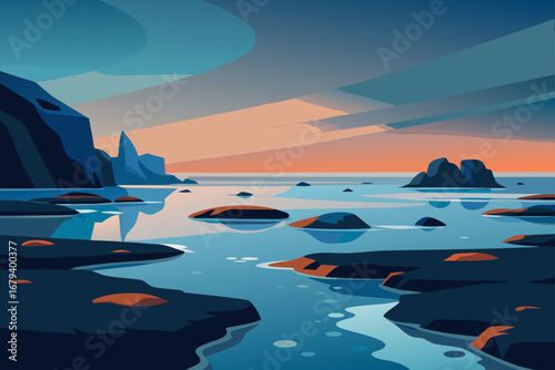 Stylized seascape at sunset with calm water reflecting colorful sky and dark rocky islands