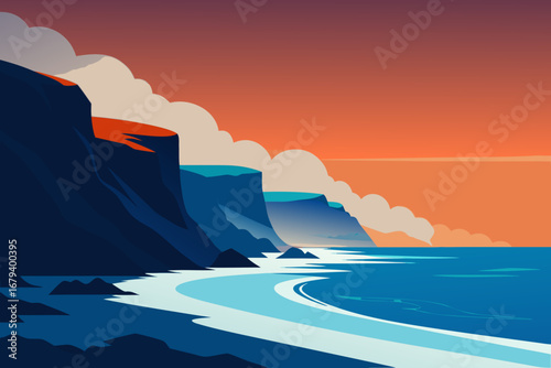 Stylized illustration of a dramatic coastal landscape with dark cliffs meeting a bright blue ocean under a warm orange sky with clouds