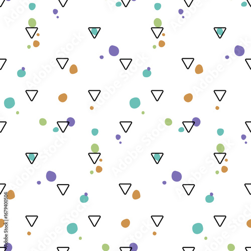 Playful geometric pattern featuring scattered colorful dots and outlined triangles creating a fun and modern abstract design for backgrounds and textiles.