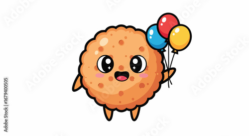 Cute cartoon cookie character holding colorful balloons.