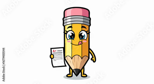 Cute cartoon pencil character holding a report card with an A grade.