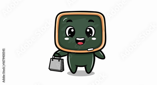 Cute cartoon blackboard character holding a shopping bag.
