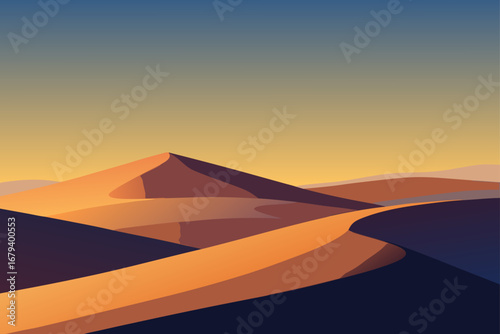 Stylized desert landscape at sunset with rolling sand dunes and a gradient sky in warm orange and cool blue tones
