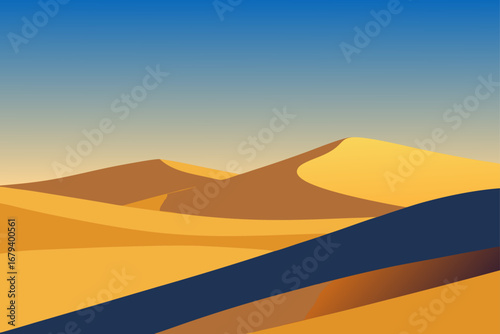 Stylized desert landscape with rolling sand dunes under a gradient blue sky and a dark blue foreground element