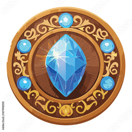 An exquisite circular wooden emblem featuring a large blue gem and an elaborate golden filigree pattern