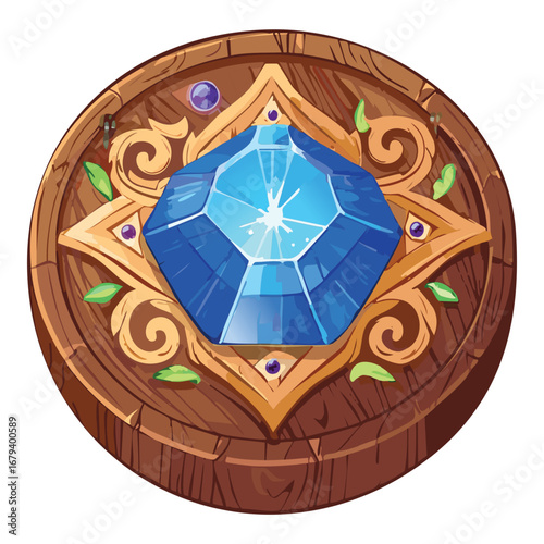 A circular wooden plaque with a striking diamond-cut blue gem and golden ornamental accents