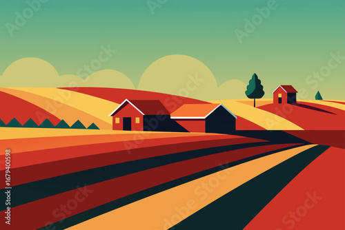 Stylized illustration of a farm landscape with rolling hills and colorful fields under a serene sky