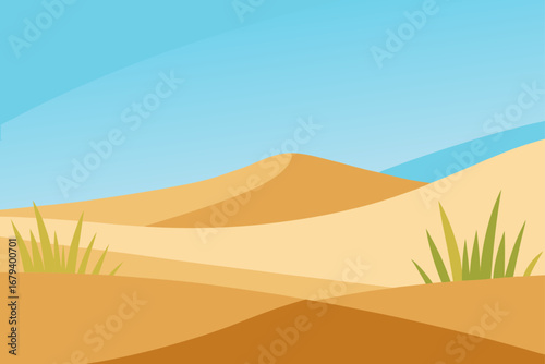 Stylized desert landscape with rolling sand dunes and sparse green grass under a clear blue sky