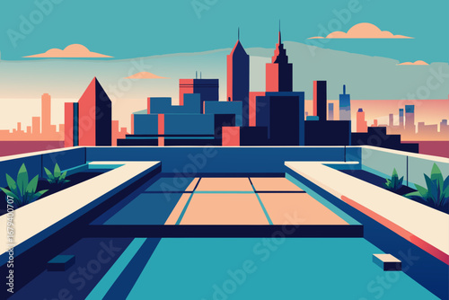Modern cityscape viewed from a rooftop terrace with a swimming pool and geometric architectural elements at sunset