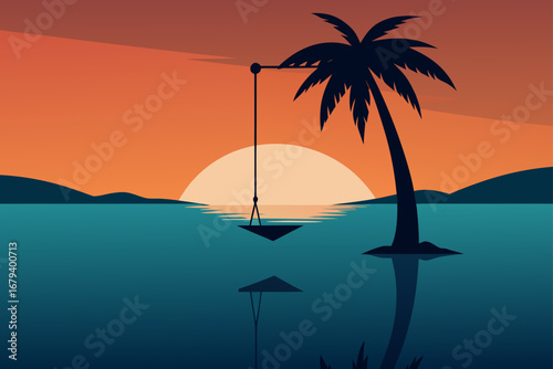 Tranquil tropical sunset with a palm tree and swing over the ocean water