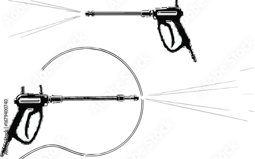 Pressure Washer Illustration with Spray Nozzles | Black and White Technical Drawing for Product Manuals and DIY Guides