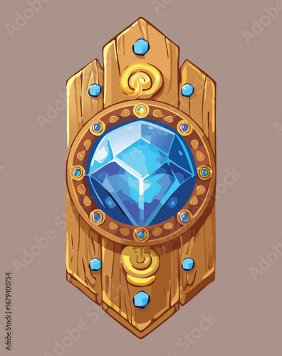 A tall, slender wooden plaque with a large blue gem and golden rivets, a simple yet elegant fantasy design