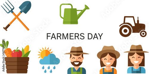 Celebrating Farmers Day with Agricultural Tools, Crops and Joyful Farmers</br>highlighting the