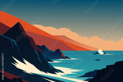Stylized minimalist landscape with jagged dark blue mountains meeting a turquoise ocean under a gradient sky with orange hills and soft clouds