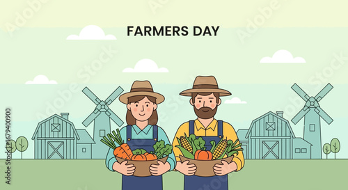 Celebration of Farmers Day with illustration of diverse farmers holding fresh produce amidst rural