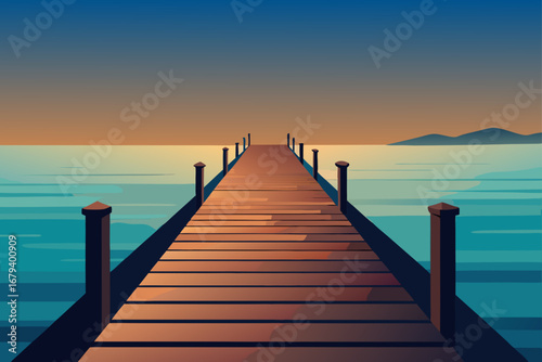 Wooden pier extending into calm turquoise water under a gradient sunset sky with distant hills
