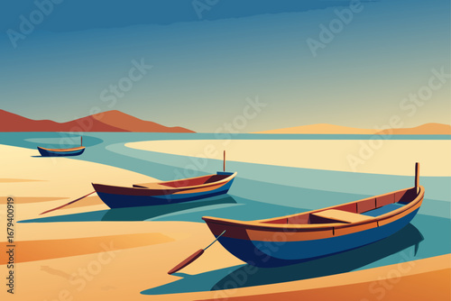 Three colorful wooden boats rest on a sandy beach beside tranquil turquoise water with distant hills under a clear blue sky
