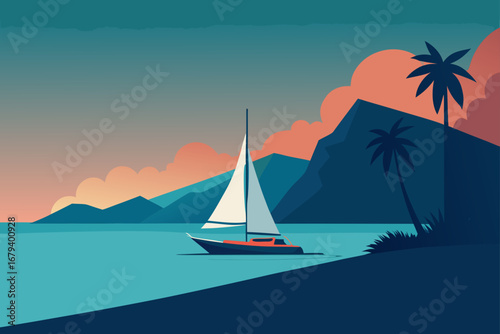 A serene sailboat glides across calm turquoise waters near a tropical island with palm trees and mountains at sunset