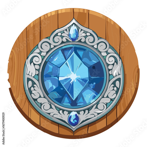 A lighter wooden emblem featuring a magnificent blue gem and a beautiful metallic circular border with rivet details