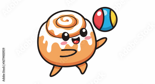 Playful Cinnamon Roll Cartoon Character with Ball.