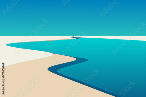 A solitary figure stands on a sandy beach where a turquoise river meets the vast blue ocean under a clear sky