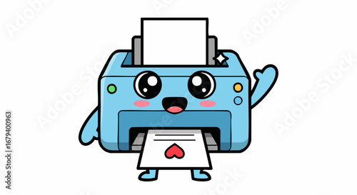 Cute Cartoon Printer Character Printing a Love Letter.