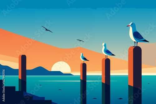 Stylized minimalist illustration of seagulls perched on wooden posts at a serene ocean sunset with distant mountains