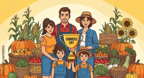 joyful family celebrating harvest festival with abundant autumn produce and smiling faces