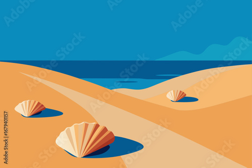 Stylized beach scene with sand dunes ocean and seashells under a clear blue sky