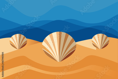 Stylized illustration of three large seashells on a sandy beach with blue ocean waves in the background