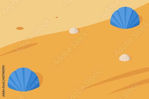 Minimalist flat design of blue and white seashells scattered on a warm sandy beach with gentle shadows