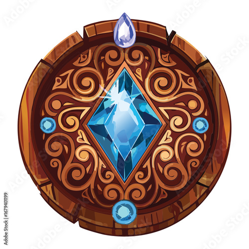 A beautifully crafted wooden plaque featuring a brilliant blue teardrop-shaped gem and golden ornaments