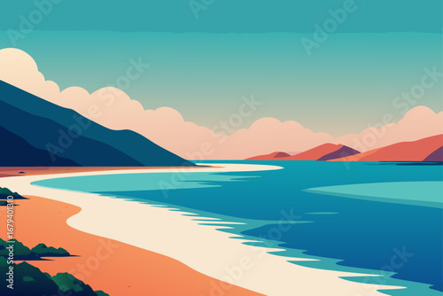 Serene coastal landscape with a curving sandy beach and calm turquoise waters under a pastel sky