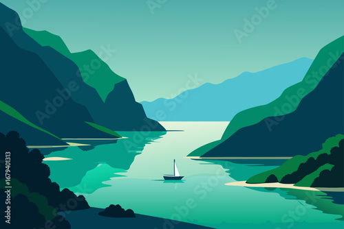 Serene fjord landscape with sailboat on calm turquoise water and majestic green mountains