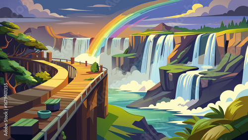 Iguazú Falls, Argentina–Brazil, thunders over basalt steps into misty canyons, rainbows crossing spray. Lush escarpments, boardwalk vistas; semi-realistic flat vector with layered cascades, vapor grad