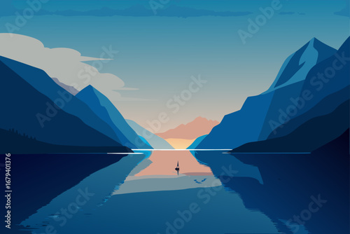 Serene mountain lake landscape with a sailboat at sunset and dramatic reflections