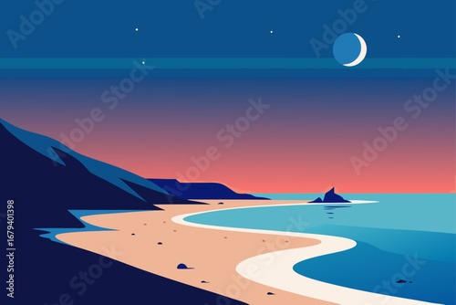 Serene coastal landscape at twilight with a crescent moon and stars illuminating the tranquil sea and sandy beach