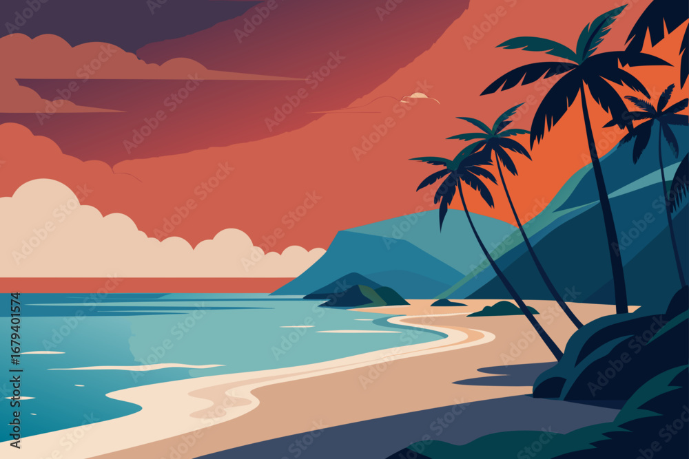 Obraz premium Stylized tropical beach scene with palm trees and mountains at sunset with vibrant orange sky and calm blue water