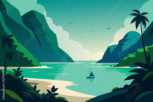 Serene tropical bay with lush green mountains a sandy beach and a sailboat on turquoise water under a cloudy sky