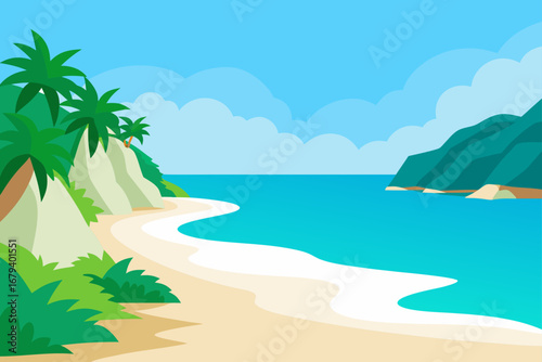 Tropical beach with palm trees white sand turquoise ocean and green hills under a blue sky with clouds