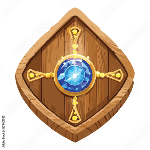 A unique diamond-shaped shield with a central blue jewel and intricate golden filigree on a wooden base