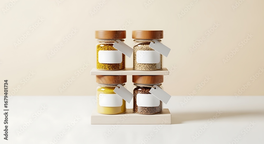 custom made wallpaper toronto digitalFlat lay of four spice jars with blank labels on wooden stand, offering ample copy space, showcasing warm neutral tones against a minimalist white background.